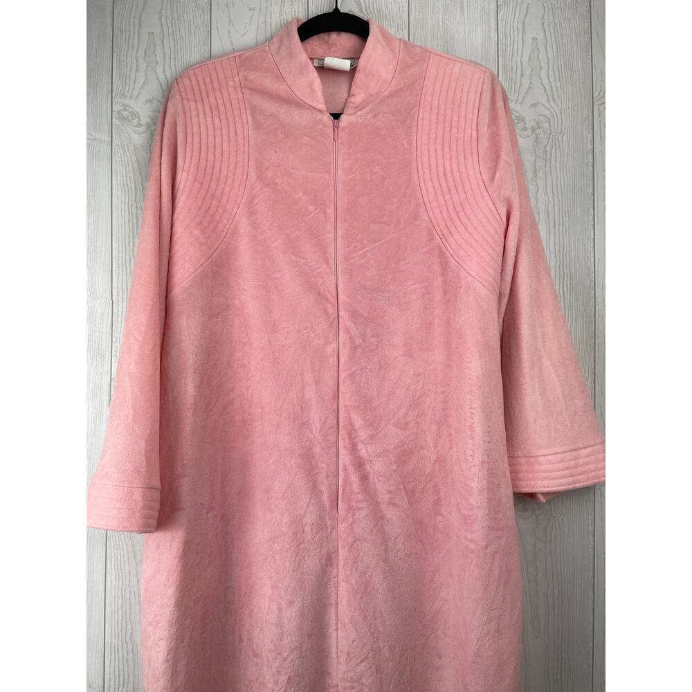 Vintage Anne Leslie Pink Velour Zip Front Robe/Housecoat Lounge Gown Wmns L USA